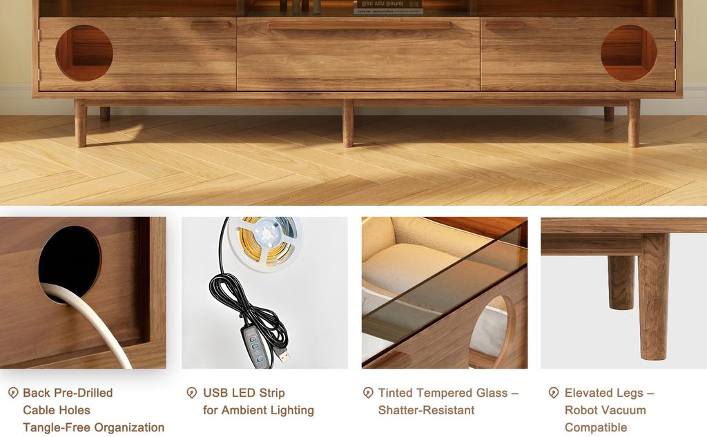 Mobile TV Moderno con Illuminazione LED, Spazio Riposo per Gatti, Ante in Vetro e 1 Cassetto (Cuscino per Gatto Non Incluso), Colore noce, 180x40x50 cm