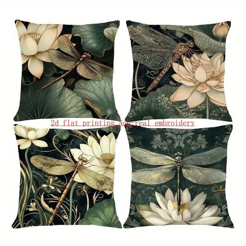 Vintage Lotus & Dragonfly Pillowcase: Elegant Dark Botanical-Themed Cushion Cover For Oriental Zen Home Sofa Decor