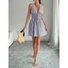 Women's Fashionable Sexy Striped Deep V-Neck Adjustable Tie Sleeveless Mini Dress for Beach and Parties