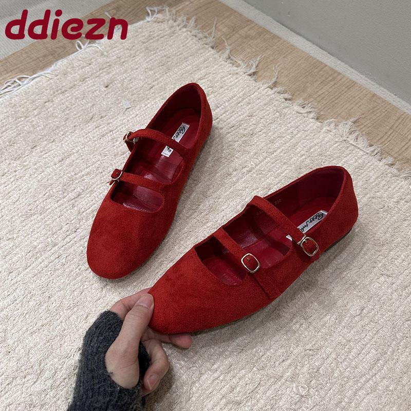 Mode 2025 Neue Schnalle Mode Flock Damen Mary Janes Ballerinas Schuhe Runde Zehenpartie Damen Weiches Schuhwerk Flache Damen Ballerinas Schuhe