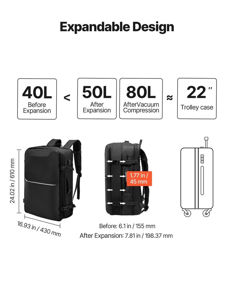 Vacuum Travel Backpack, 80L, Expandable Vacuum Seal Compression Travel Backpack with Pump, with TSA-Approved Lock, Airback Vacpack, Water-Resistant