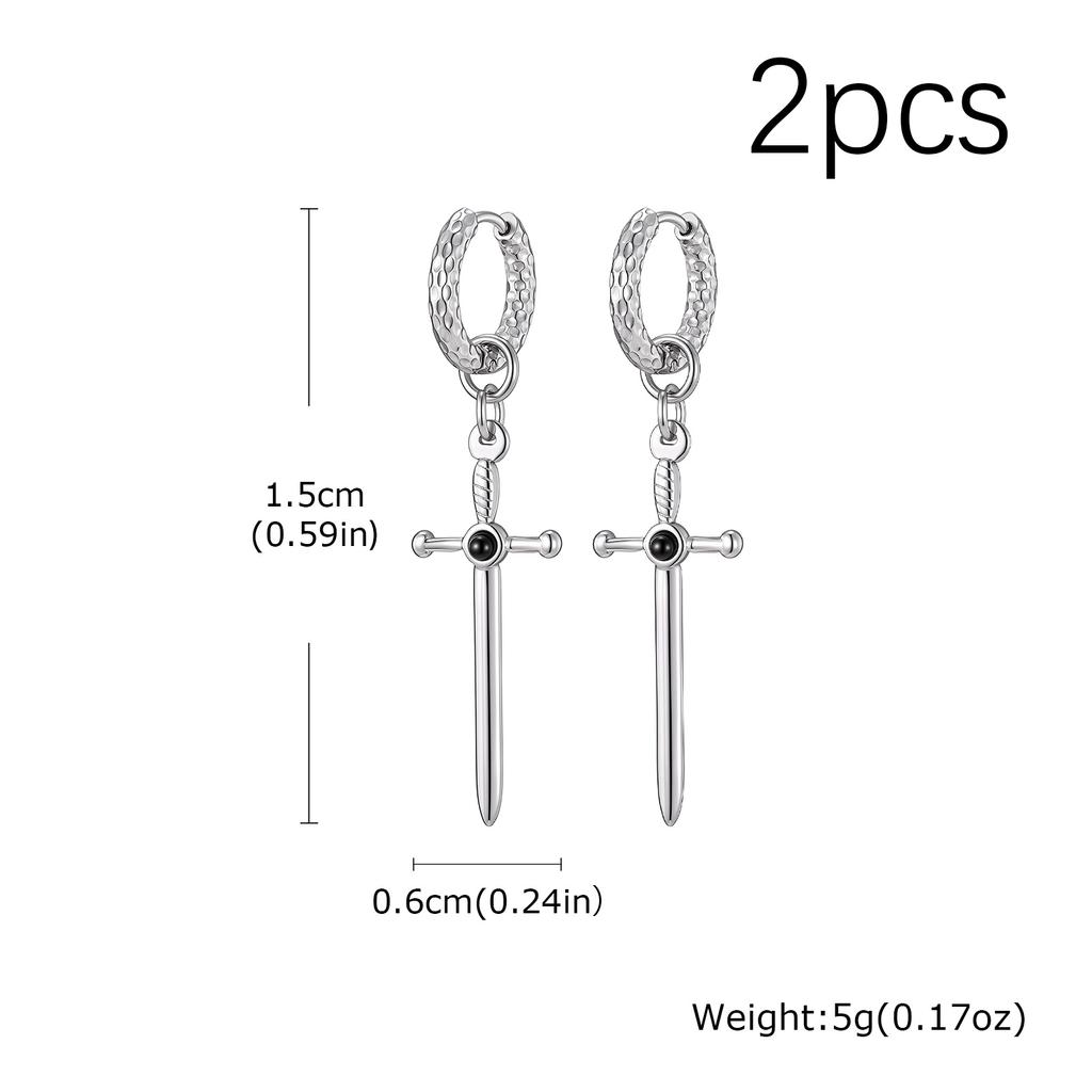 Vnox Stainless Steel Black Onyx Sword Huggie Hoop Earrings Punk Rock Dangle Earring for Men Women Couples Trendy Gothic Jewelry