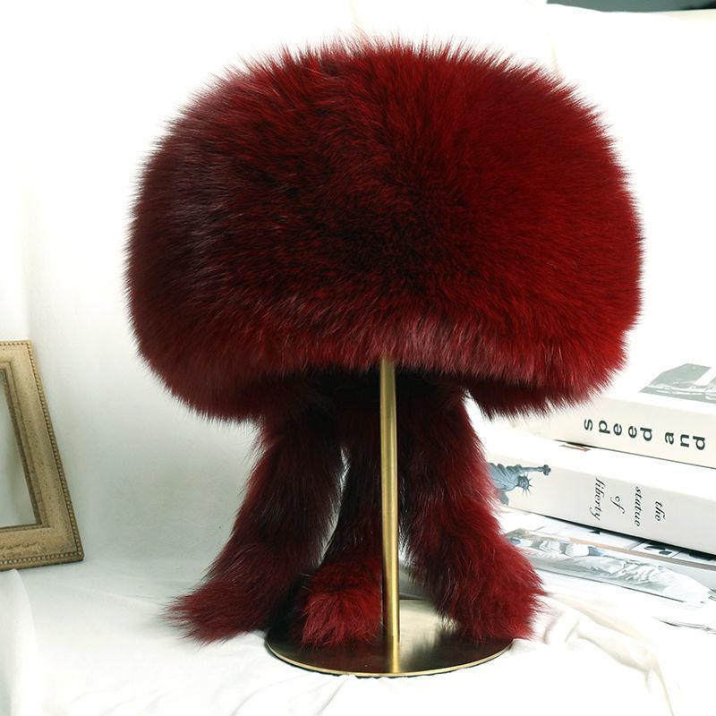 

Шапка з лисячого хутра Жіноча Зимова Норкове хутро Національний стиль Монгольська шапка Навушники з натуральної шкіри Лижна шапка S（54-56cm）