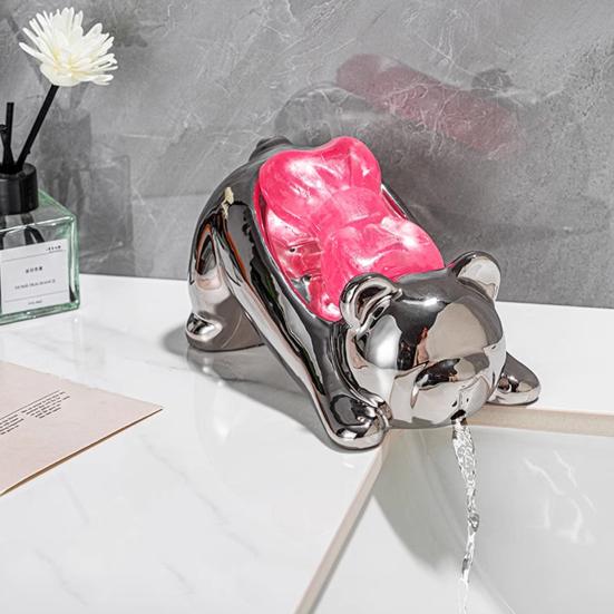 Ceramic Soap Dish with Automatic Drainage Cute Design Animal Shape Easy Cleaning Soap Holder Organizer for Shower Bathroom