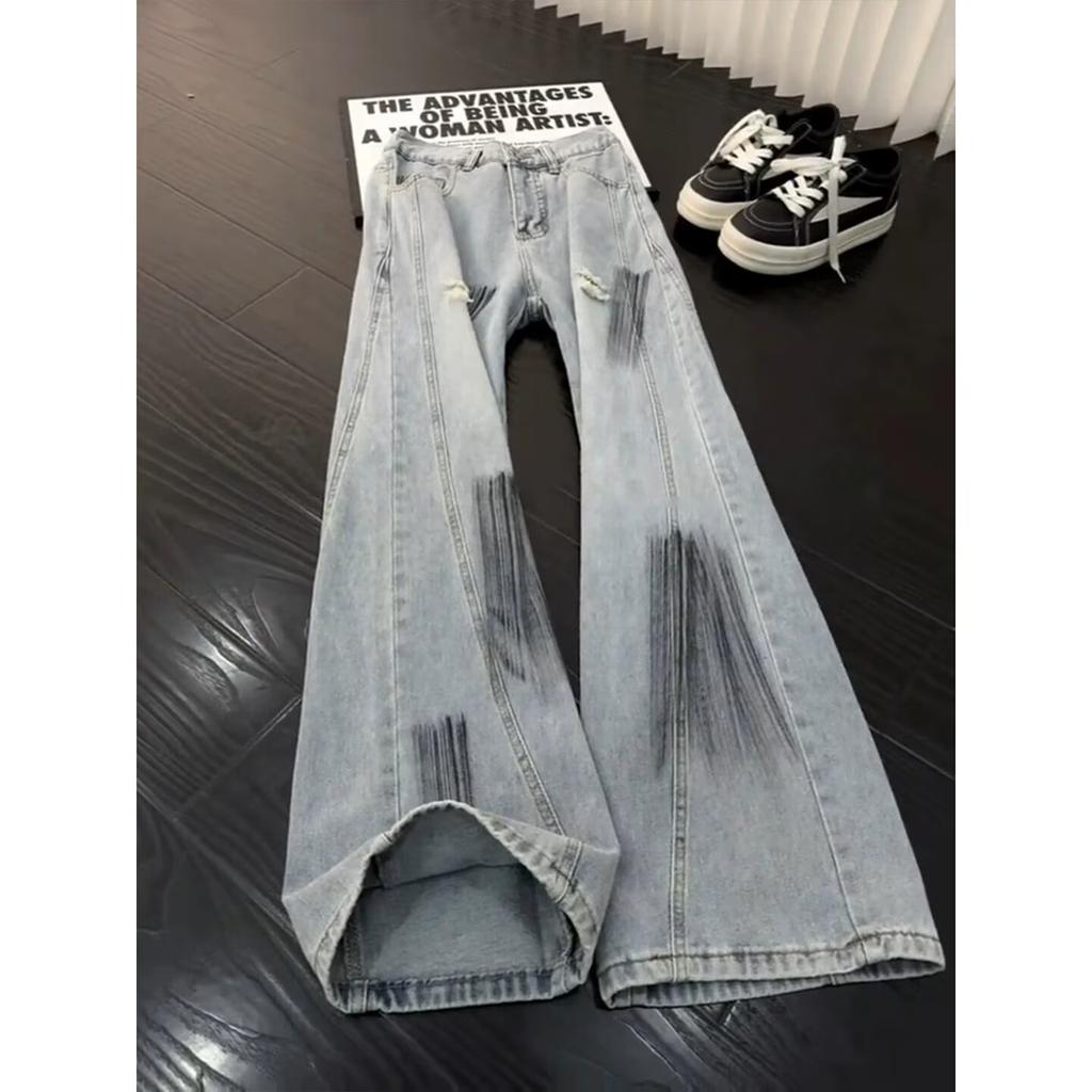 American High Street Ink-splashing Ripped Jeans Men's Spring and Autumn Loose Straight Wide-leg Pants Diagonal Cut Thin Pants