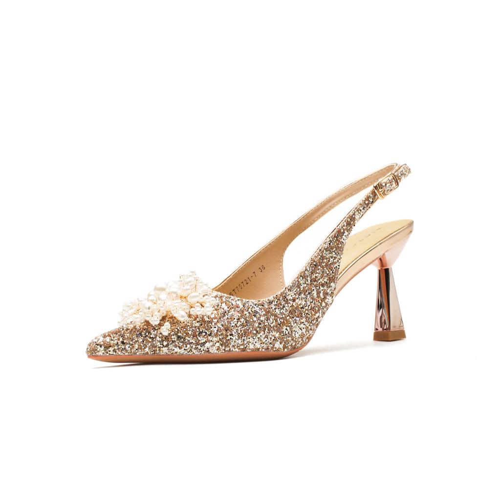 7521-8 [sheepskin] High-heeled Wedding Shoes Women's Thin Heels 2025 New Pointed Sandals Sequined Pearl Single Shoes