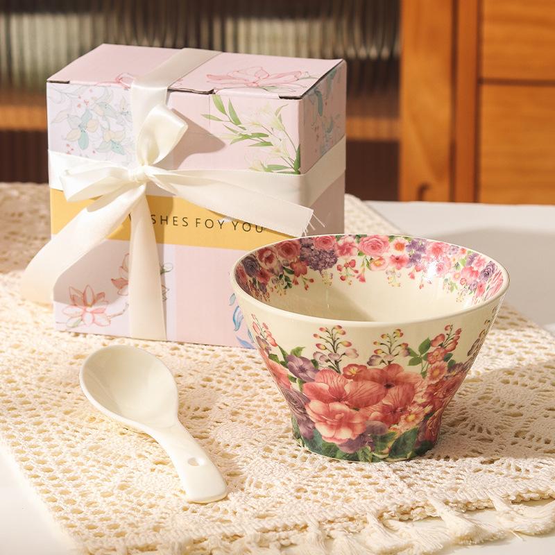 Retro Crape Myrtle Flower Ceramic Tableware Set High Value Dish Set Household Vegetable Plate Soup Plate Rice Bowl Soup Gift