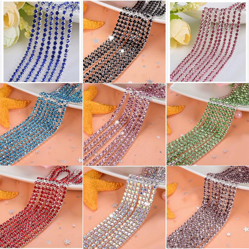 1yard/Piece 30Colors SS6-SS16 Glass Crystal Rhinestone Chain Silver Bottom Sew On Cup Chains For Diy Garment Bags Decorations