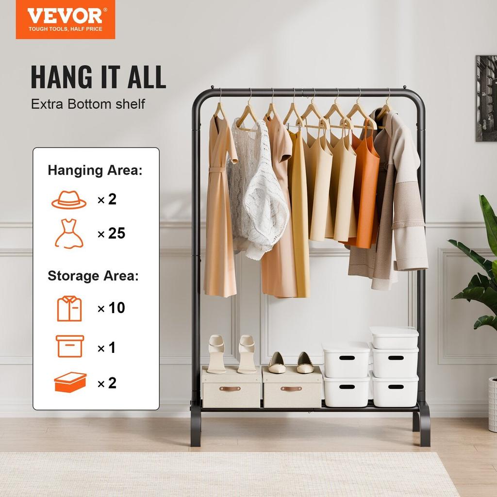 Clothes Rack, Heavy Duty Clothing Garment Rack with Hanging Rod and Bottom Storage Area, Clothing Rack for Bedroom Guest Room