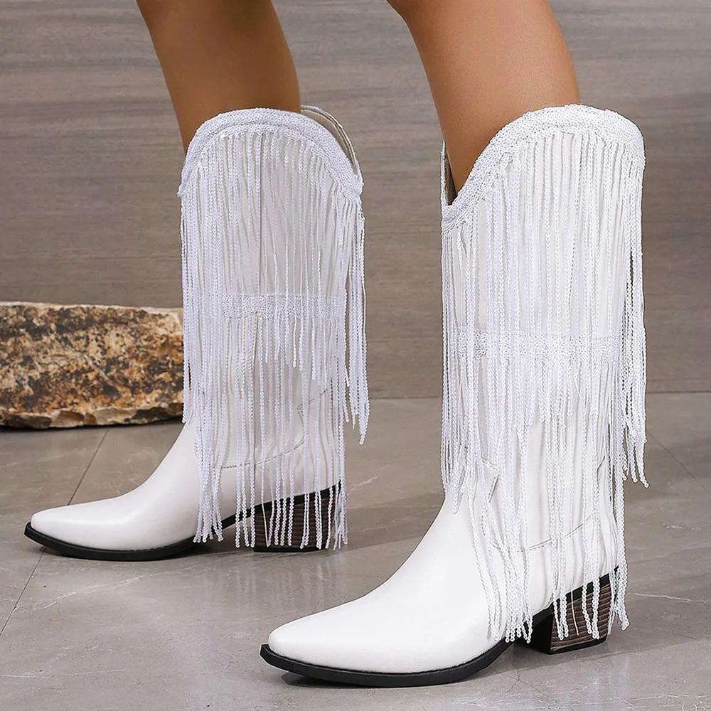 Women's Fringed Cowgirl Boots Concert Western Boot 2025 Spring Summer Vintage Cowboy Boots for Women Pointed Toe Mid-calf Boots