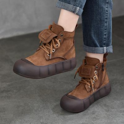 Botas de cano baixo retrô de couro legítimo, bico redondo, sola grossa, versátil, com cadarço, botas curtas femininas