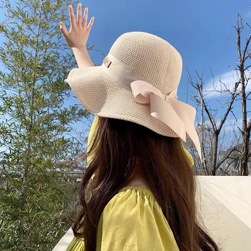 

Bow straw hat women s summer sun protection knitted sun hat versatile sunshade bucket hat tide Adult (56-58cm) жовтий