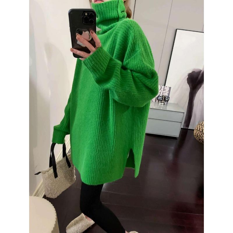 Khaki turtleneck lazy sweater women's autumn and winter new design sense split fork medium and long bottom top