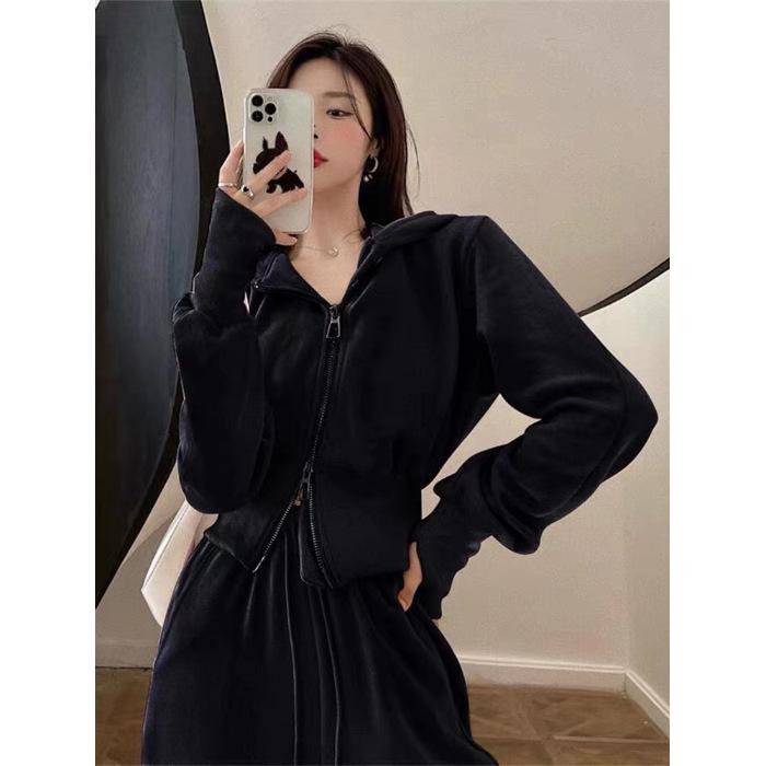 

Женский повседневный спортивный костюм, весна/осень 2025 г.: Комплект из двух предметов: широкие брюки в корейском стиле и узкий свитер Small чёрный