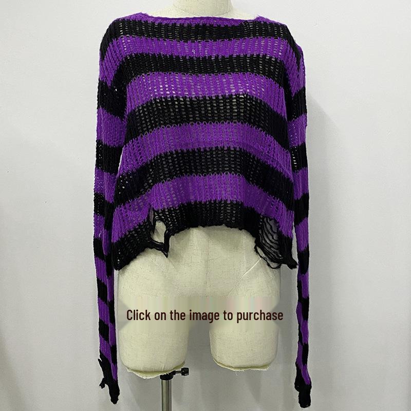 Stripet mohairstrikket genser: Damelengde Løs passform med rippede detaljer