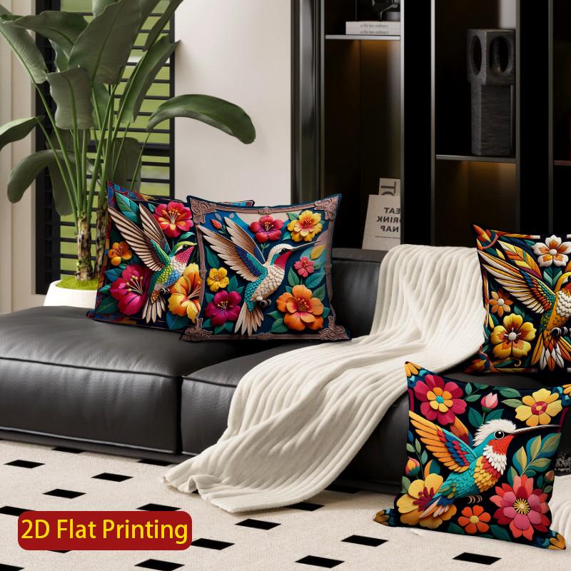 2D Bohemian Hummingbird Floral Throw Pillow Covers Pattern Cushion Cover Suitable For Sofa Bedroom Car Pillow Cover