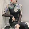 2023 High-Neck Floral Mesh Pullover: Elastic Long-Sleeve Autumn/Winter T-Shirt