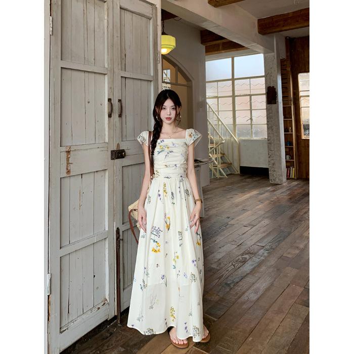 Xiaofei Sleeve Square Neck Floral Dress Children's Summer New Seaside Vacation Coffee Break French Temperament Long Dress