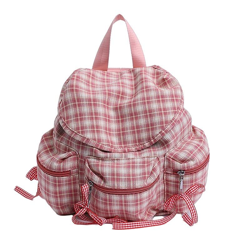 Women's bag plaid drawstring backpack summer new large-capacity student commuter backpack niche lightweight
