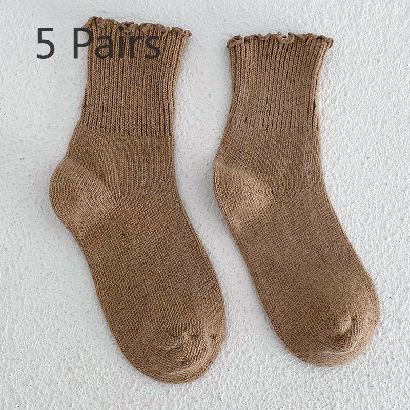 5 Pairs of Women's Autumn/Winter Solid Color Sweet Lace Thick Warm Wool Tube Stockings