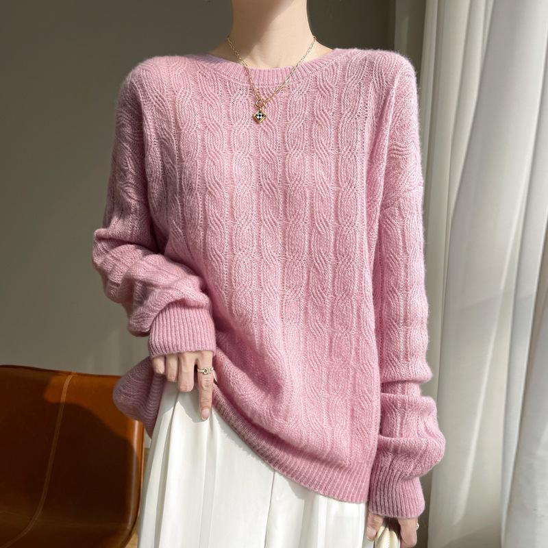 Women's White Silk Cashmere Loose Round Neck Sweater - Age-Reducing Solid Color Pullover