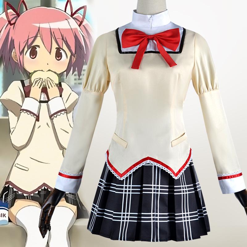 Puella Magi Madoka Magica School Uniform Cosplay Costume Full Set with Wig for Halloween Party