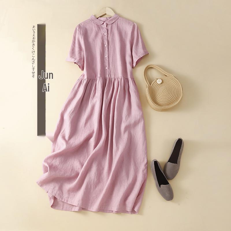 

Летнее женское платье-рубашка миди свободного кроя из хлопка и льна 2025 X-Large розовый