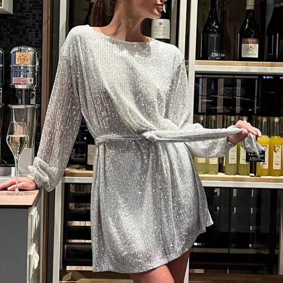 New Festive Party Shiny Sequins Color-Block Slim Fit Dress Mini Cocktail Dress