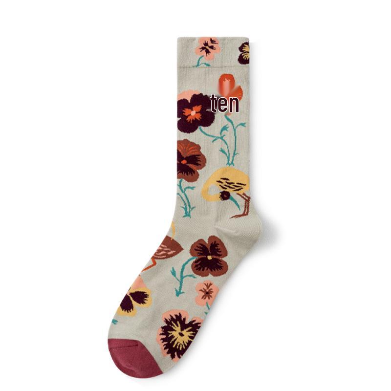 French Retro Abstract Oil Painting Mid-Calf Socks - Trendy Autumn/Winter High-Top Creative Combed Cotton for Women