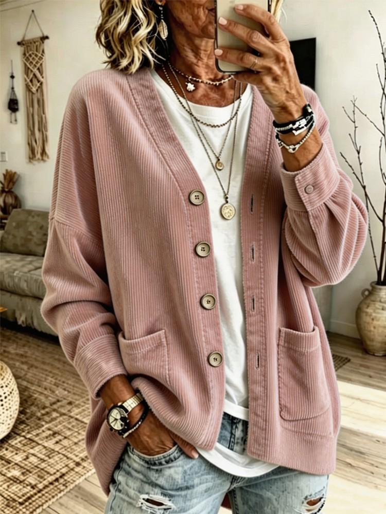 Women's Autumn Corduroy V-Neck Loose Double Pocket Cardigan