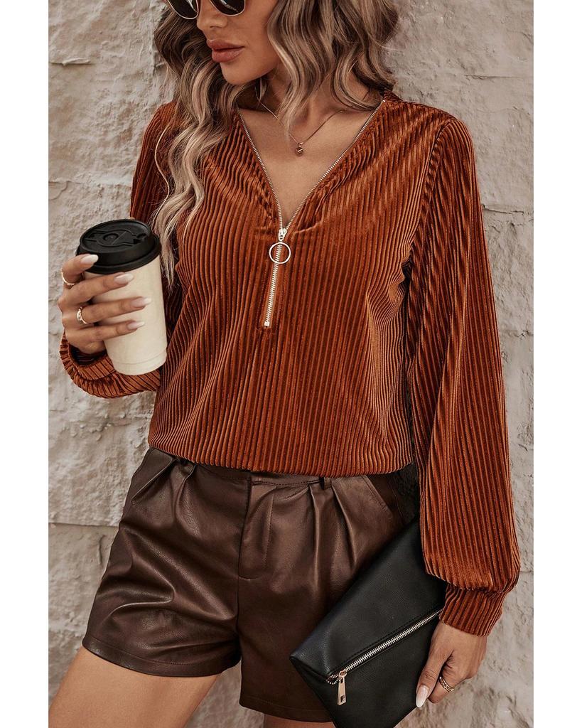 Azura Exchange Chestnut Half Zip V Neck Ribbed Velvet Top