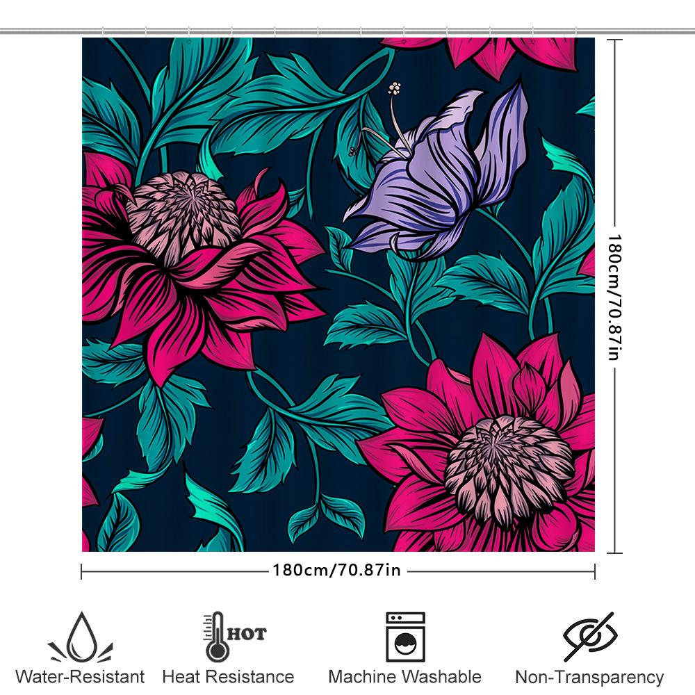 Floral Strawberry Bath Shower Curtain Set Bright Pink White Black Floral Print Waterproof Fabric Washable Decorative Home Bathin