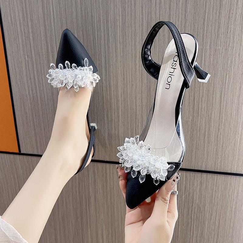 pointed black foreign style rhinestone high heels women's thin heels imperial sister single shoes bag head empty sandals 2025 spring and autumn new