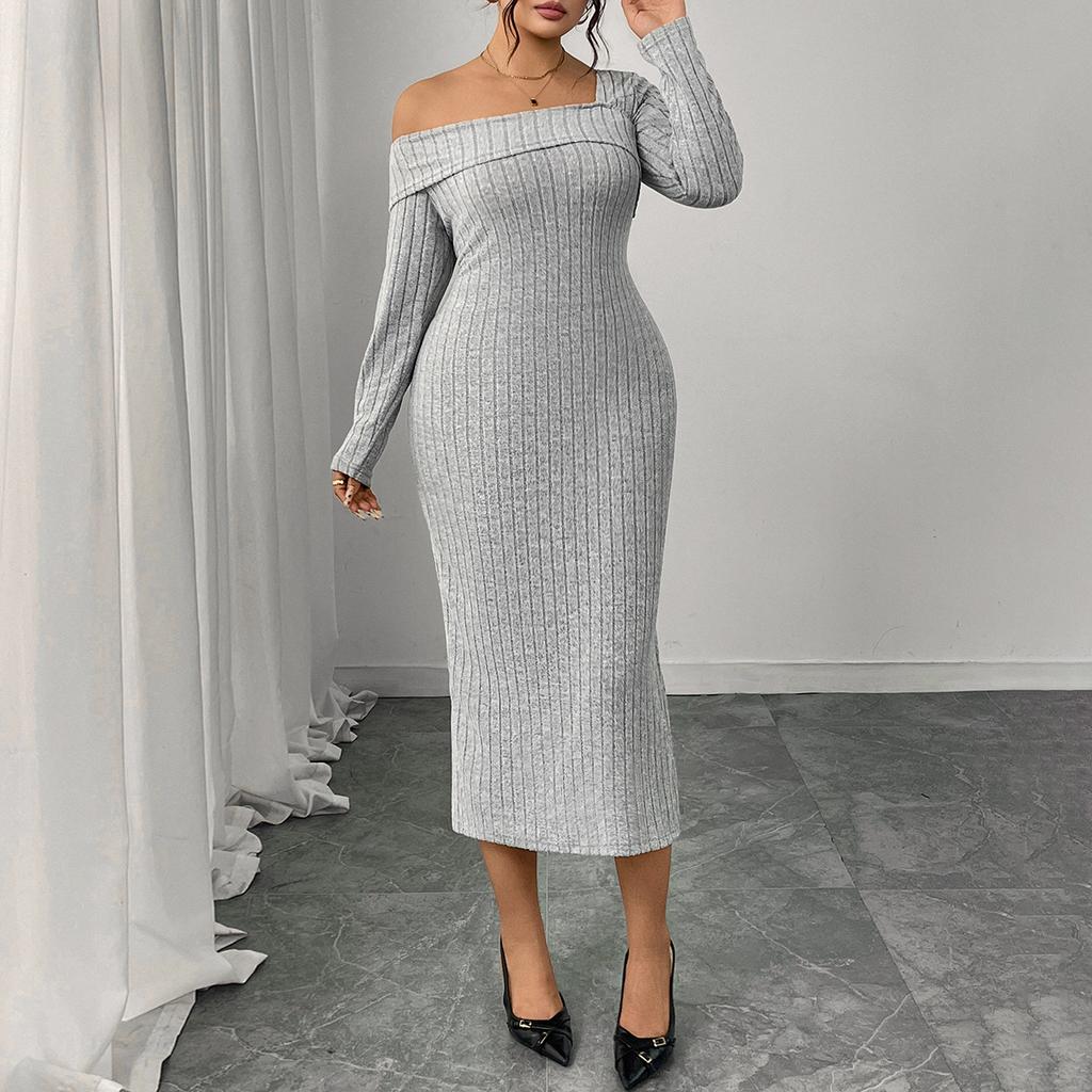 Fashionable Knitted Square-neck Off-the-shoulder Body-hugging Dress Long-sleeved Slit Dress