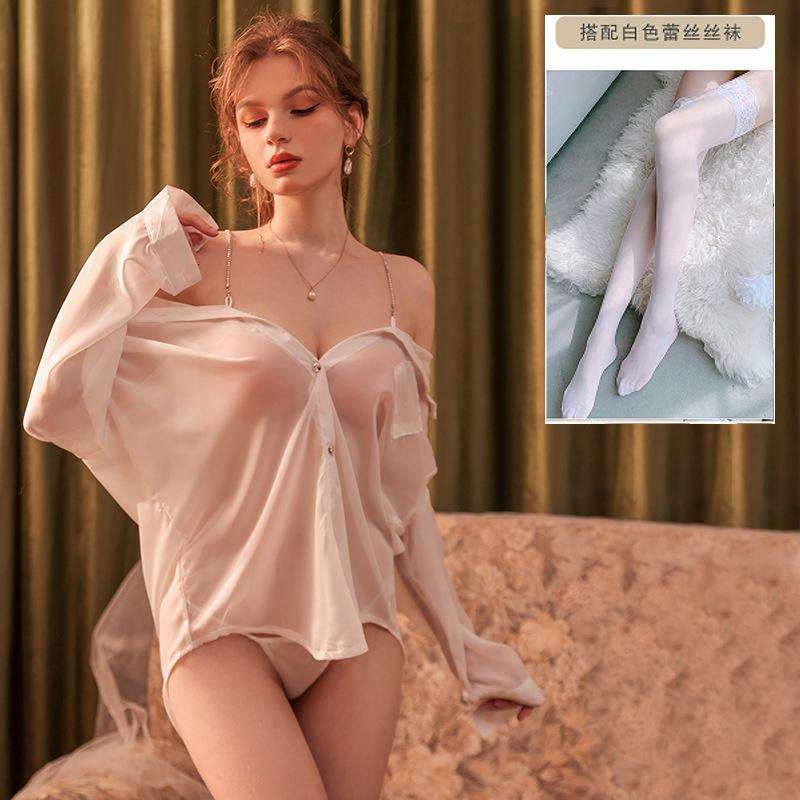 Sexy Dessous sexy Chiffon transparente Robe reine Begierde freies weißes Hemd Sekretärinnenuniform Bett-Tease Damenpyjama