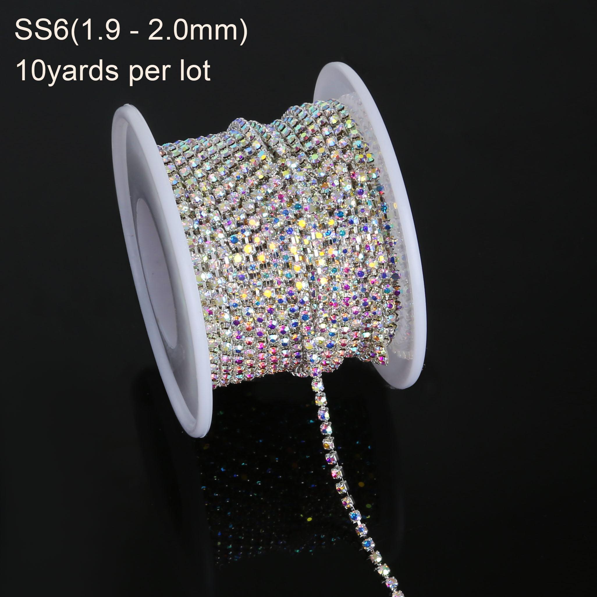 

10 ярдов в рулоне, цепочка со стразами и яркими стразами на серебряной основе, уплотненная цепочка со стразами SS6-SS18(2 мм-4,5 мм) Цепочка на чашку для дизайна платья, аксессуары своими руками 1.9-2mm 2590pcs разноцветный/серебряный