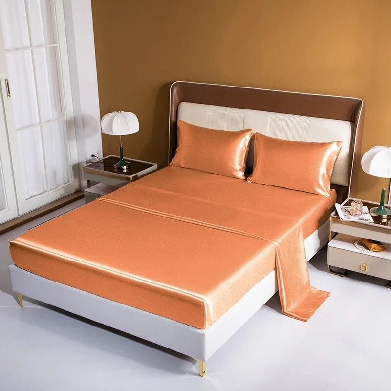 Luxury Satin Bed Sheet Set Rayon Fitted Sheet Height 35cm 21 Colors Optional  Flat Sheet Set Soild Color Bedding Set