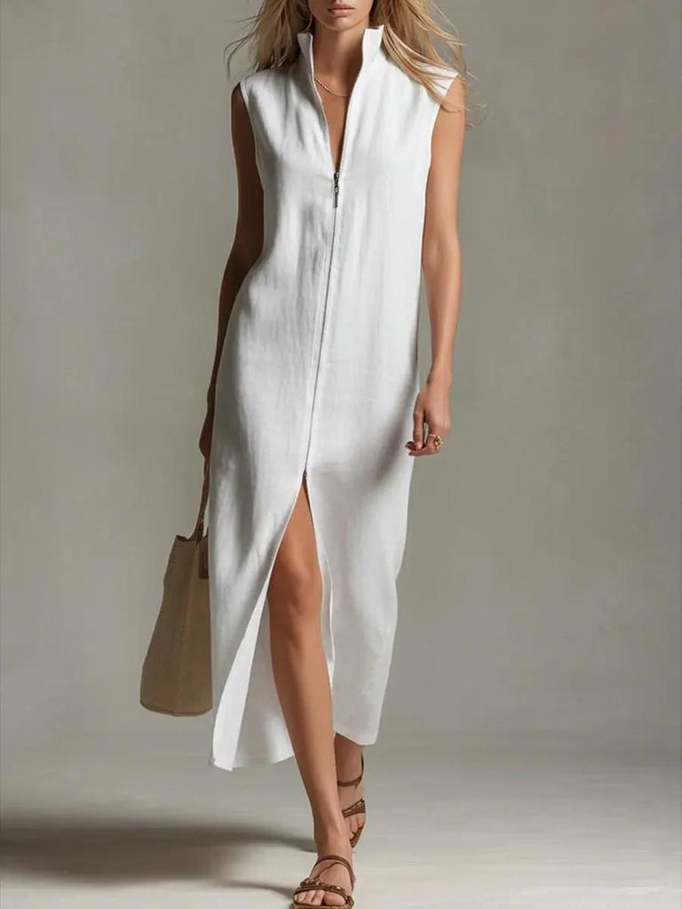 2026 Sleeveless Zipper Stand Collar Slit Casual Summer Dress - European & American Women's Fashion