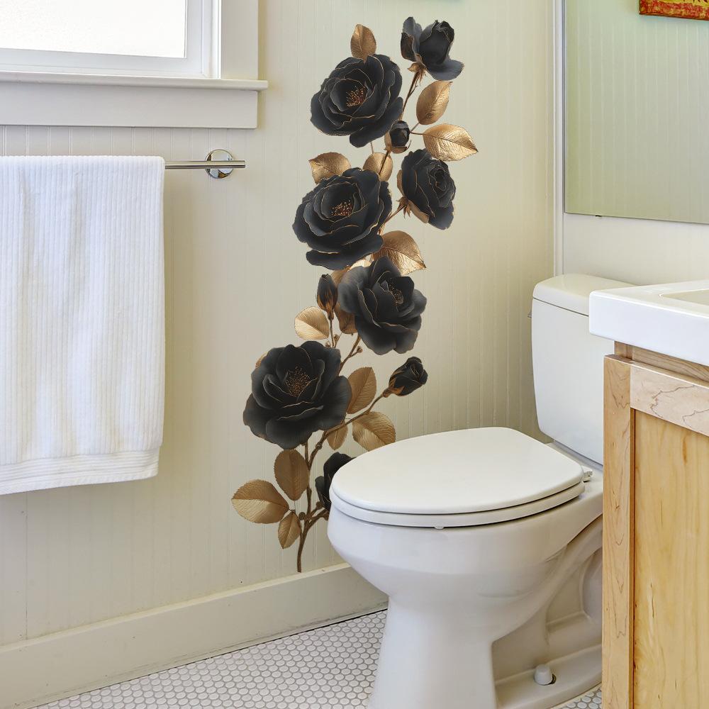 Personalized Black Rose and Gold Leaf Bathroom Wall Decoration Stickers