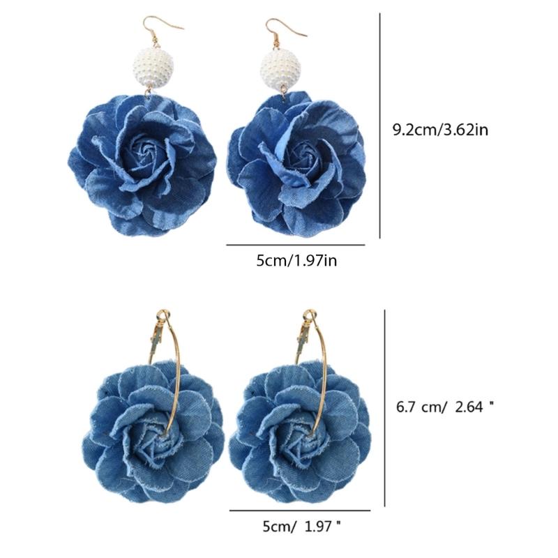 Floral Drop Earrings Lightweight Camellia Earrings Allergy Free Blue Flower Ear Pendants Handmade Denims Ornament