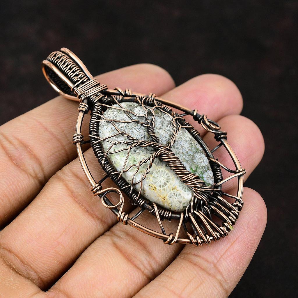 Baum des Lebens Fossil Koralle Edelstein Anhänger Kupferdraht gewickelt Anhänger Handarbeit Kupfer Schmuck Geschenk für Sie Fossil Koralle Schmuck für Frauen