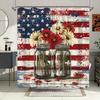 Rustic American Flag Shower Curtain - Vintage Patriotic Design, Red & White Daisies In Jars, Distressed Background, 12 Hooks
