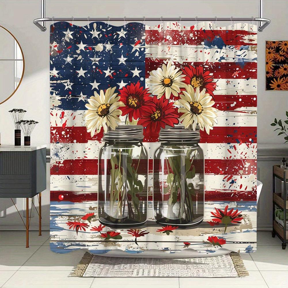 Rustic American Flag Shower Curtain - Vintage Patriotic Design, Red & White Daisies In Jars, Distressed Background, 12 Hooks