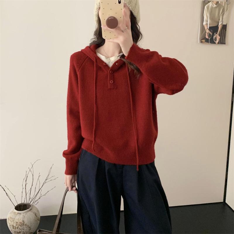Casual High-end Pullover Sweater for Women's Outerwear Autumn and Winter New Loose Solid Color Hooded Short Knitted Top
