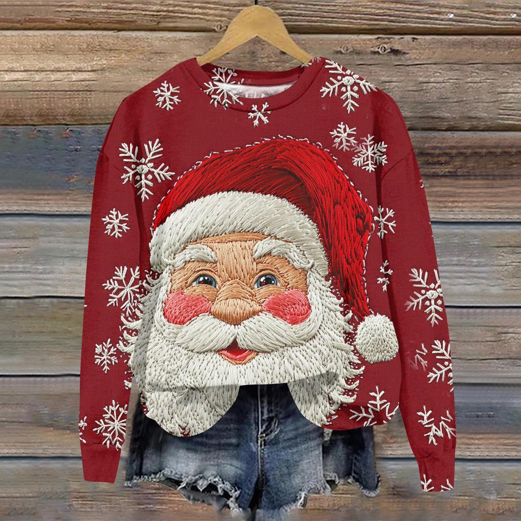 Ladies' Christmas Printed Casual Long Sleeved Round Neck Sports Hoodie Top