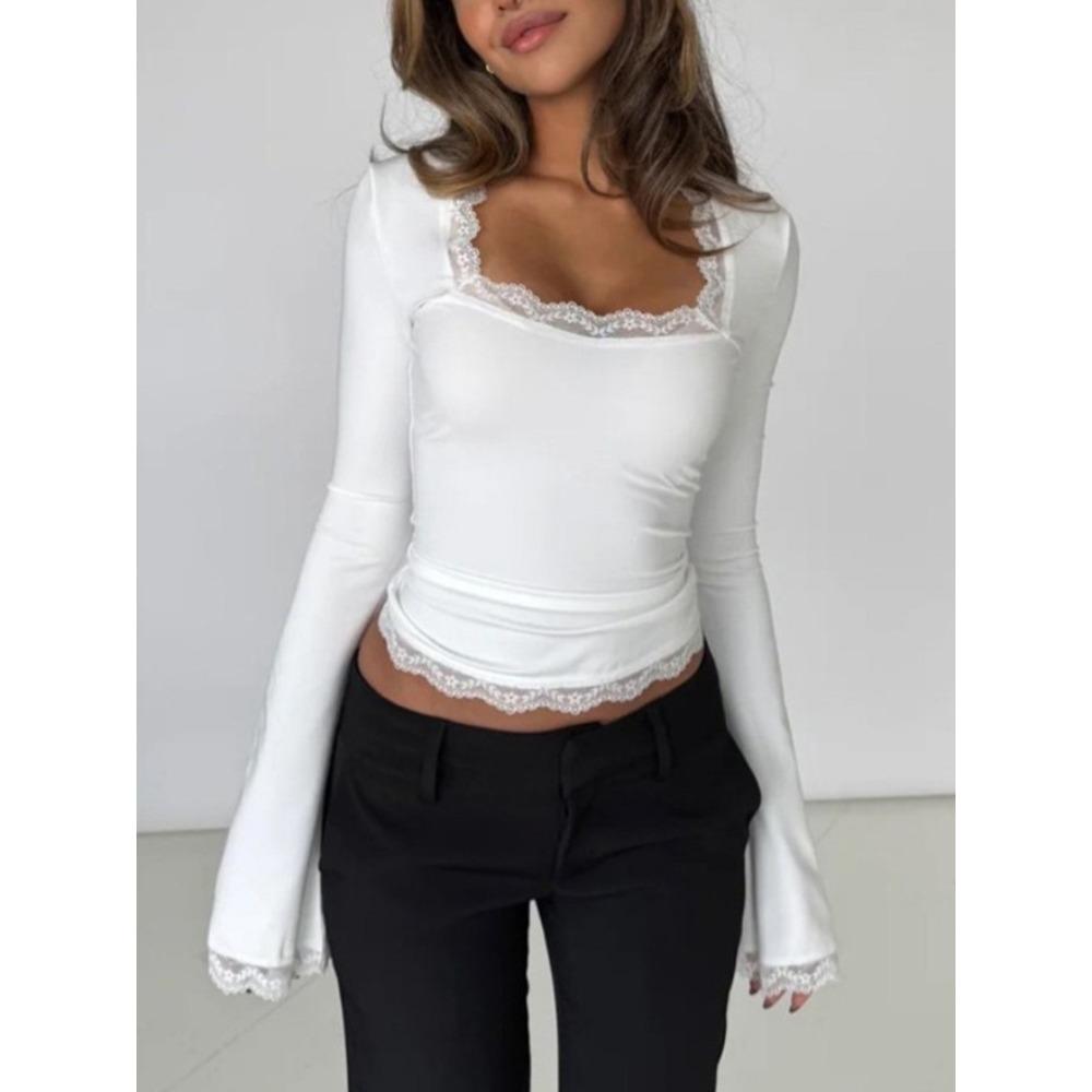 QICED Women's Fashion Casual Solid Color Print Long Sleeve Blouses & Shirts