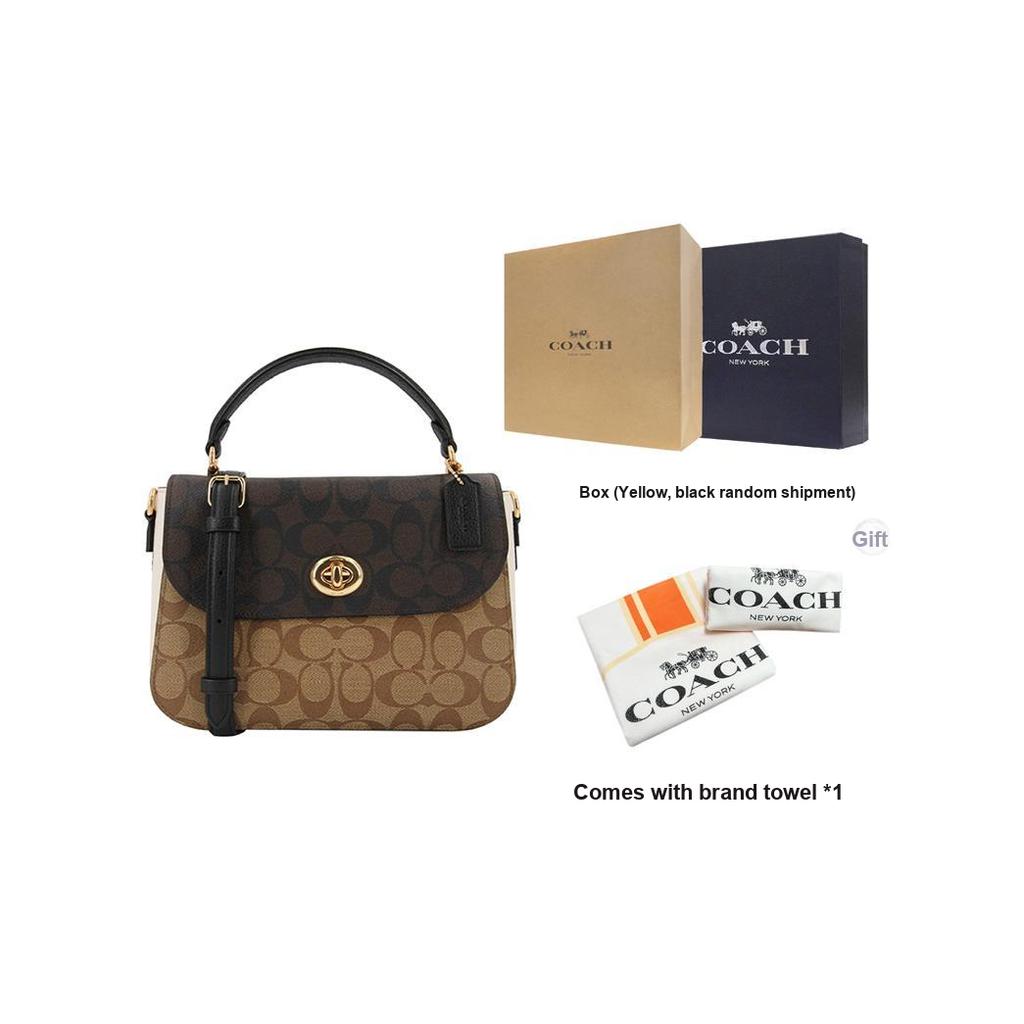 Coach Marlie 24 Color Block Turn-Lock Signature Canvas And Leather Small Cambridge Satchel Bag Women Handbags Black Dark-Brown C1563-IMNOX