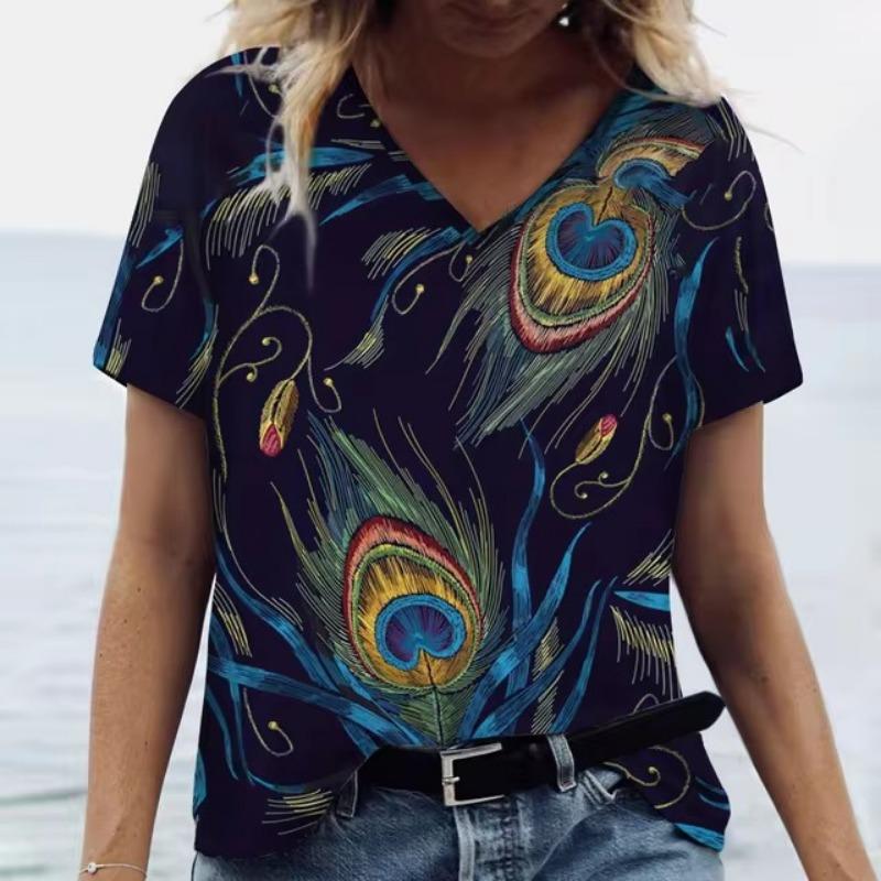 Summer V Neck Women T-Shirts 3D Print Peacock Feather Graphic Fashion Short Sleeve Harajuku Y2k Top Oversized Casual Female T Shirt
