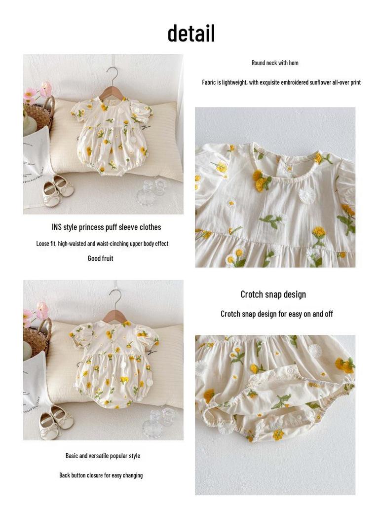 Barboteuse d'été pour bébé fille nouveau-né avec broderie tournesol et manches bouffantes