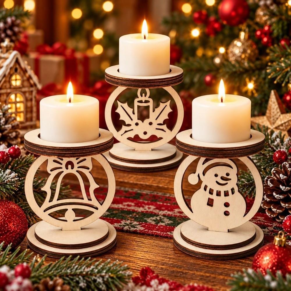 3Pcs Bell Pattern Wooden Christmas Candle Holder Xmas Table Candlestick Living Room